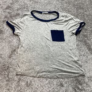 Occasion T Shirt Womens Small Gray Ringer Blue Trim Pocket Tee Soft Rayon Top